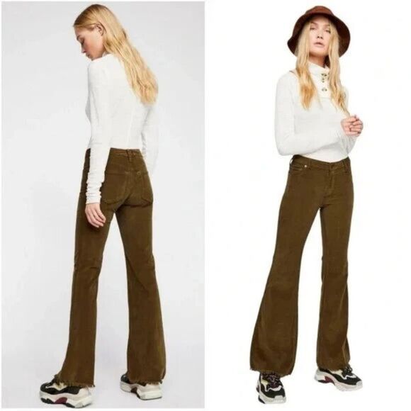 Free People We the Free Olive Green Corduroy Flare Leg Raw Hem Pants Size 26 - Picture 1 of 9